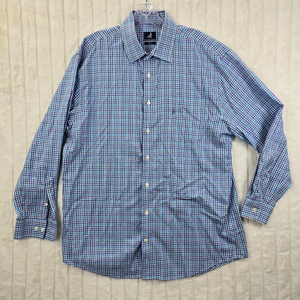 Johnnie O Men's Blue Plaid Button Up Dress Shirt Logo Size L